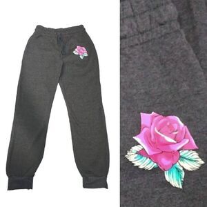 Common Stitch Grey Pink Rose Print Fleece Jogger Pants Small